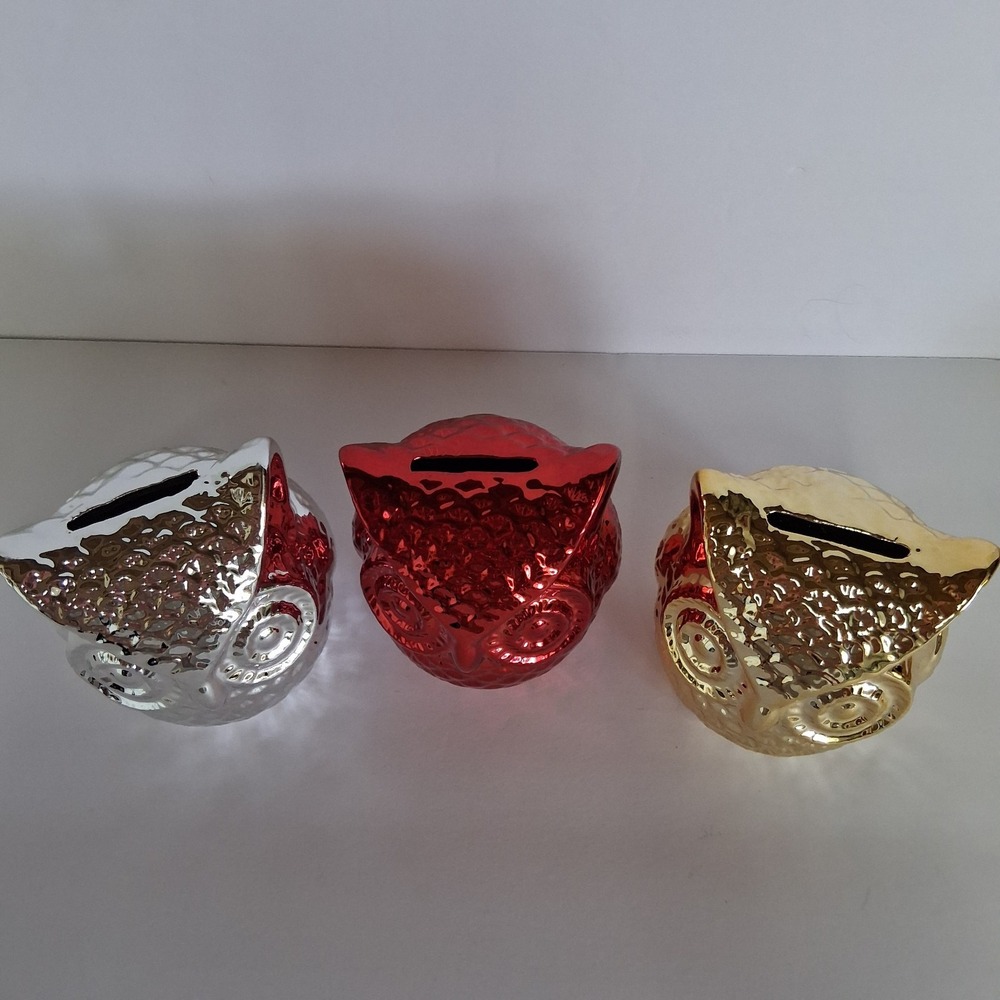 Set of 4 Metallic Owl Coin Banks Red Silver Gold Ceramic Greenbrier 4" - Picture 10 of 10